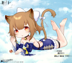  2022 :o aged_down animal_ears arknights artist_name bare_back barefoot bell black_choker blue_background blue_dress blue_sleeves bow breasts brown_hair candy choker company_name copyright_name detached_sleeves dress feet feet_up female food frilled_dress frilled_sleeves frills fur-trimmed_sleeves fur_trim hairbow hand_up highres holding holding_candy holding_food holding_lollipop kuroshiroemaki lion_ears lion_girl lion_tail lollipop looking_at_viewer lying neck_bell oerba_yun_fang on_stomach red_eyes siege_(arknights) simple_background skin_fang small_breasts soles solo strapless strapless_dress tail tail_bow tail_ornament tail_through_clothes the_pose thigh_strap toes white_bow 