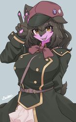  5:8 absurd_res alternative_fashion amber_eyes anthro arumo belt big_breasts biped black_body black_fur black_nose breasts canid canine canis clothing clothing_bow exy female fur hair hat headgear headwear hi_res inner_ear_fluff j-fashion kemono lolita_(fashion) long_hair mammal military_lolita military_uniform open_mouth open_smile pin_button purple_body purple_fur smile solo teeth tuft uniform vtuber wolf 