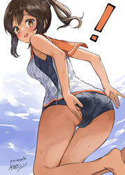  ! adjusting_clothes adjusting_swimsuit ass barefoot black_one-piece_swimsuit brown_eyes brown_hair female highres i-401_(kancolle) kantai_collection long_hair looking_at_viewer looking_back mizuta_kenji one-piece_swimsuit orange_sailor_collar ponytail sailor_collar school_swimsuit shirt side-tie_shirt signature sleeveless sleeveless_shirt solo sweat swimsuit swimsuit_under_clothes tan 