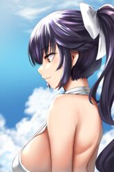  absurdres azur_lane bad_id bad_pixiv_id black_hair bow breasts brown_eyes casual_one-piece_swimsuit cloud criss-cross_halter dvdraw female hair_ornament hairbow halterneck highres large_breasts long_hair one-piece_swimsuit outdoors ponytail profile sideboob solo swimsuit takao_(azur_lane) takao_(beach_rhapsody)_(azur_lane) white_bow white_one-piece_swimsuit 