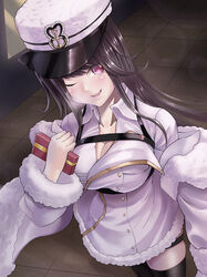  absurdres azur_lane black_thighhighs blush box breasts brown_hair cleavage coat coat_dress collarbone dress feet_out_of_frame female floor fur_hat gift gift_box harness hat highres holding holding_gift long_hair looking_at_viewer medium_breasts one_eye_closed open_mouth pamiat_merkuria_(azur_lane) papakha purple_eyes simple_background solo standing syu.mu thighhighs white_coat white_dress white_hat zettai_ryouiki 