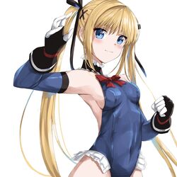  armpits bare_shoulders black_choker black_gloves black_ribbon blonde_hair blue_eyes blue_one-piece_swimsuit blue_sleeves blush bow bowtie breasts choker clenched_hand closed_mouth commentary covered_navel dead_or_alive detached_sleeves eyebrows_hidden_by_hair eyelashes female frilled_choker frilled_one-piece_swimsuit frills gloves hair_ornament hair_ribbon hand_up highres long_hair looking_at_viewer marie_rose marie_rose_(devilish_servant_against_the_splashing_waves) one-piece_swimsuit open_hand red_bow red_bowtie ribbon sideboob simple_background small_breasts smile solo straight_hair swimsuit tsurime twintails very_long_hair white_background x_hair_ornament yanagi_marie 