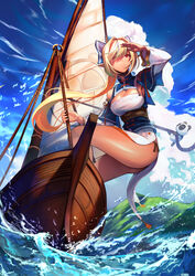  blonde_hair blue_bow boat bow breasts cleavage cloud commentary dark-skinned_female dark_skin day elf female hairbow hololive kainown kintsuba_(shiranui_flare) large_breasts long_hair one_eye_closed outdoors pelvic_curtain pointy_ears ponytail red_eyes rope sail sailboat sailing shiranui_flare shiranui_flare_(old_design) sidelocks sunlight swept_bangs virtual_youtuber water watercraft 