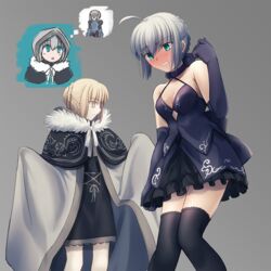  2girls ahoge aqua_eyes artoria_pendragon_(fate) black_dress black_gloves black_thighhighs blonde_hair blush breasts cape cloak commission cosplay costume_switch dress elbow_gloves embarrassed fate/grand_order fate/stay_night fate_(series) fur-trimmed_cape fur-trimmed_cloak fur_trim gloves gray_(fate) gray_(fate)_(cosplay) grey_background grey_cape grey_hair hair_bun hood hood_down hood_up hooded_cape hooded_cloak lord_el-melloi_ii_case_files multiple_girls nose_blush parody saber_alter saber_alter_(cosplay) shoori_(migiha) short_dress simple_background single_hair_bun skeb_commission small_breasts style_parody takeuchi_takashi_(style) thighhighs yellow_eyes 