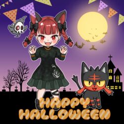  :d animal_ears bare_tree black_bow blunt_bangs blush bow braid cat_ears claw_pose dress duskull female full_moon graveyard hairbow halloween highres kaenbyou_rin kyabekko litten looking_at_viewer moon night open_mouth pokemon pokemon_(creature) red_eyes red_hair smile tombstone touhou tree twin_braids 