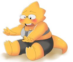  2019 alphys alpi anthro archived_source athletic_wear blush bodily_fluids exercise eyewear female glasses lizard one_eye_closed reptile scalie short_stack simple_background slightly_chubby slightly_chubby_female solo stretching sweat sweat_stain undertale undertale_(series) white_background workout workout_clothing yellow_body yellow_skin 