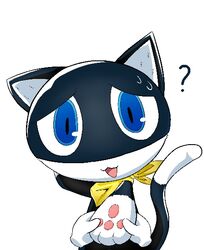  a_midnight_cat anthro atlus bandana black_body black_fur blue_eyes bodily_fluids chibi confusion dipstick_tail disembodied_hand domestic_cat duo felid feline felis fur hand_on_paw kerchief looking_at_viewer male mammal markings mask megami_tensei megami_tensei_persona morgana_(persona) open_mouth paw_grab pawpads paws persona_(series) persona_5 question_mark sega simple_background solo_focus sweat sweatdrop tail tail_markings tuxedo_cat white_background white_body white_fur 