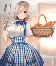  basket blue_dress blue_eyes blush bow bowtie bread breasts closed_mouth commentary_request commission dress female food grey_hair hair_ornament hair_over_one_eye hairclip hamakaze_(kancolle) highres holding holding_basket holding_food holding_tongs indoors kantai_collection kasumi_(skchkko) kobeya kobeya_uniform large_breasts looking_at_viewer plaid short_hair short_sleeves skeb_commission solo standing tongs 