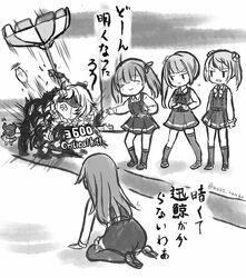  &gt;:) 5girls abyssal_ship arashio_(kancolle) arashio_kai_ni_(kancolle) belt belt_buckle blush braid buckle buttons closed_eyes commentary_request double_bun dress enemy_lifebuoy_(kancolle) gameplay_mechanics greyscale hair_bun kantai_collection kasumi_(kancolle) kasumi_kai_ni_(kancolle) long_braid long_hair long_sleeves michishio_(kancolle) michishio_kai_ni_(kancolle) monochrome multiple_girls ooshio_(kancolle) ooshio_kai_ni_(kancolle) parasol pinafore_dress pt_imp_group shirt short_hair side_ponytail single_braid sleeveless sleeveless_dress smirk supply_depot_princess translation_request twintails twitter_username umbrella v-shaped_eyebrows wss_(nicoseiga19993411) 