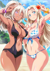  2girls ;d absurdres armpits beach bikini black_choker black_one-piece_swimsuit blonde_hair blue_eyes blue_sky blurry blurry_background blush border bracelet breasts casual_one-piece_swimsuit choker cloud collarbone covered_nipples cowboy_shot dark-skinned_female dark_elf dark_skin day deep_skin ear_piercing earrings elf eyelashes fingernails flower groin hair_flower hair_ornament hand_on_own_chest heart heart_choker heart_earrings heart_necklace hibiscus highres jewelry large_breasts long_hair looking_at_viewer multi-strapped_bikini multiple_girls navel necklace ocean one-piece_swimsuit one_eye_closed open_mouth original outdoors page_number palm_tree parted_bangs piercing pointy_ears polka_dot polka_dot_bikini purple_eyes purple_scrunchie sand scrunchie side-by-side side-tie_swimsuit sky smile standing stomach swimsuit tan teeth toranoana tree v washizuka_shou water white_bikini white_border wrist_scrunchie 