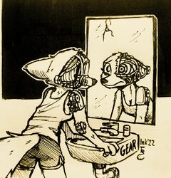  2022 absurd_res anthro bottomwear canid canine clothed clothing cybernetics cyborg disney female fox fully_clothed fur gear hi_res inktober inktober_2022 machine mammal mirror mirror_reflection monochrome nightmare_fuel reflection shirt shorts sink skye_(zootopia) solo tank_top theblueberrycarrots topwear traditional_media_(artwork) zootopia 