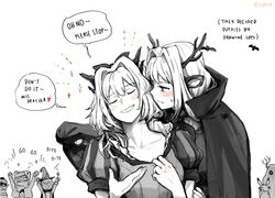  1boy 3girls alina_(arknights) antlers arknights blue_eyes blush bow closed_eyes collarbone deer_antlers deer_girl dragon_horns dress english_text fang_out faust_(arknights) frostnova_(arknights) ghost_costume greyscale hair_between_eyes hair_intakes hairbow hands_up horns long_hair mephisto_(arknights) monochrome multiple_girls object_through_head oerba_yun_fang patriot_(arknights) puffy_short_sleeves puffy_sleeves reunion_soldier_(arknights) screw_in_head sheet_ghost short_hair short_sleeves silverxp simple_background smile speech_bubble spot_color sweatdrop talulah_(arknights) u_u vampire_costume white_background yuri 