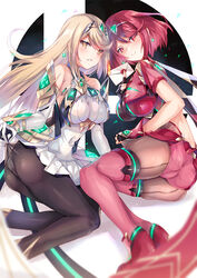  2girls arm_guards ass back-seamed_legwear backless_outfit bare_shoulders black_gloves black_pantyhose blonde_hair blush bob_cut breasts chest_jewel clothing_cutout dangle_earrings dress earrings elbow_gloves fingerless_gloves front-seamed_legwear gloves impossible_clothes inoue_takuya_(tactactak) jewelry large_breasts long_hair micro_shorts microdress miniskirt multiple_girls mythra_(massive_melee)_(xenoblade) mythra_(xenoblade) pantyhose pantyhose_under_shorts pyra_(xenoblade) red_eyes red_hair red_shorts red_thighhighs seamed_legwear short_dress short_hair short_shorts short_sleeves shorts sideboob skindentation skirt sleeveless sleeveless_dress smash_invitation super_smash_bros. super_smash_bros._logo swept_bangs thighhighs thighhighs_over_pantyhose tiara tsundere very_long_hair white_dress white_footwear white_gloves white_skirt xenoblade_chronicles_(series) xenoblade_chronicles_2 yellow_eyes 