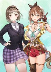  2girls atelier_(series) atelier_ryza atelier_ryza_2 blue_reflection_(series) blue_reflection_tie breasts brown_eyes brown_hair cleavage collaboration grey_hair hand_on_own_hip highres hoshizaki_ao kishida_mel looking_at_viewer midriff_peek multiple_girls red_shorts reisalin_stout school_uniform shorts single_thighhigh skirt thigh_gap thighhighs thighs toridamono 