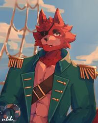  2022 abs anthro canid canine clothed clothing digital_media_(artwork) epaulet eye_patch eyewear fangs five_nights_at_freddy&#039;s fox foxy_(fnaf) fur hi_res hook hook_hand male mammal muscular muscular_anthro muscular_male open_clothing open_topwear overcoat pecs pirate red_body red_fur scottgames selada single_tooth sky sky_background solo teeth topwear yellow_eyes 