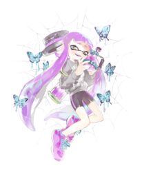  aqua_eyes bad_id bad_twitter_id black_shorts blue_butterfly blue_eyes bomb bug butterfly cyan_beans explosive female full_body grey_shirt half-closed_eyes hat head_tilt holding holding_bomb ink_tank_(splatoon) inkling inkling_girl inkling_player_character long_hair long_sleeves looking_at_viewer open_mouth pink_footwear pointy_ears purple_footwear purple_hair shirt shoes short_shorts shorts silk simple_background smile spider_web splatoon_(series) unworn_hat unworn_headwear white_background 