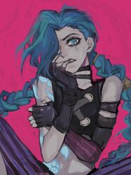  8h_kt arcane:_league_of_legends arcane_jinx arm_strap arm_tattoo bare_shoulders black_choker black_gloves blue_eyes blue_hair blue_nails choker crop_top deep_skin eyelashes female finger_in_own_mouth fingerless_gloves fingernails gloves hair_over_one_eye jinx_(league_of_legends) league_of_legends long_hair painterly parted_lips runny_makeup shoulder_tattoo solo stomach_tattoo striped tattoo teeth twintails very_long_fingernails 