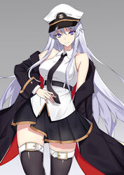  azur_lane bad_id bad_pixiv_id belt black_belt black_coat black_necktie black_skirt black_thighhighs blue_eyes breasts coat collared_shirt enterprise_(azur_lane) female gold_trim grey_eyes hat highres large_breasts long_hair military_hat miniskirt necktie open_clothes open_coat ouka_(sakura_oinari) peaked_cap pleated_skirt shirt skirt sleeveless sleeveless_shirt solo thighhighs underbust very_long_hair white_hair white_hat white_shirt zettai_ryouiki 