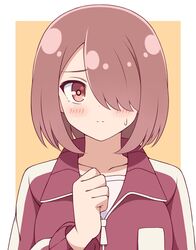  bad_id bad_twitter_id blush border breasts brown_hair clenched_hand closed_mouth collarbone commentary female frown hair_over_one_eye hand_up highres hoshino_miyako_(wataten) jacket long_sleeves looking_at_viewer outside_border red_eyes red_jacket shirt short_hair simple_background solo split_mouth sweatdrop track_jacket upper_body watashi_ni_tenshi_ga_maiorita! white_border white_shirt yellow_background zeta_(24904340) zipper_pull_tab 