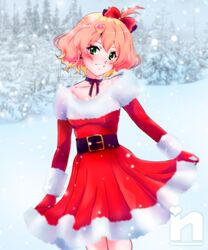  blush bow christmas commission cosplay dress female forest freyja_wion fur_trim gloves green_eyes hair_ornament hairbow heart heart_hair_ornament looking_at_viewer macross macross_delta mariah_carey mariah_carey_(cosplay) nature off-shoulder_dress off_shoulder orange_hair photo-referenced real_life red_bow red_dress red_gloves santa_dress saotome_nanda short_hair short_sidetail skirt_hold smile snow snowing solo 