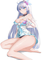  absurdres barefoot beijiushui blue_eyes breasts choker cleavage closed_mouth dress female hand_on_own_chest highres honkai_(series) honkai_impact_3rd kiana_kaslana kiana_kaslana_(herrscher_of_the_void) long_hair long_sleeves shell_hair_ornament simple_background solo starfish_hair_ornament sundress thighs toes white_background white_hair 