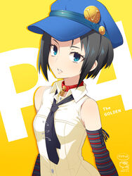  arm_warmers bad_id bad_pixiv_id bare_shoulders black_hair black_necktie blue_eyes blue_hat breasts collar collared_shirt copyright_name female hat looking_at_viewer marie_(persona_4) necktie peaked_cap persona persona_4 persona_4_the_golden red_collar safety_pin shirt short_hair sleeveless sleeveless_shirt small_breasts solo uccow upper_body white_shirt yellow_background 