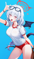  absurdres bad_id bad_pixiv_id black_tail black_wings blue_archive blue_background breasts buruma candy commentary cowboy_shot eyewear_on_head fake_wings female food goeleu grey_hair gym_shirt gym_uniform hair_between_eyes halo haruna_(blue_archive) haruna_(track)_(blue_archive) highres large_breasts long_hair official_alternate_costume red_buruma red_eyes red_halo shirt short_sleeves simple_background single_wing solo tail tongue tongue_out white_shirt wings 