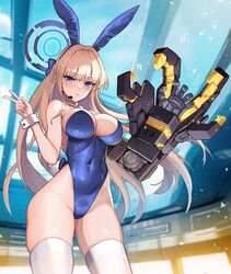  animal_ears armed_armor_vn bare_shoulders blonde_hair blue_archive blue_eyes blue_halo blue_leotard blush breasts cleavage commentary_request detached_collar earpiece fake_animal_ears female gauntlets gundam gundam_unicorn hair_ribbon halo highleg highleg_leotard large_breasts leotard long_hair mechanical_arms mechanical_gloves nidy official_alternate_costume playboy_bunny rabbit_ears ribbon single_mechanical_arm skindentation solo strapless strapless_leotard thighhighs toki_(blue_archive) toki_(bunny)_(blue_archive) unicorn_gundam_banshee v white_thighhighs white_wrist_cuffs wrist_cuffs 