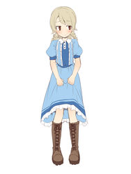  bad_id bad_pixiv_id blue_dress blush boots brown_eyes brown_footwear brown_hair closed_mouth collared_dress cross-laced_footwear dress female frilled_dress frills full_body idolmaster idolmaster_cinderella_girls lace-up_boots long_hair looking_away looking_to_the_side morikubo_nono puffy_short_sleeves puffy_sleeves ringlets short_sleeves simple_background skirt_hold smile solo standing uccow white_background 