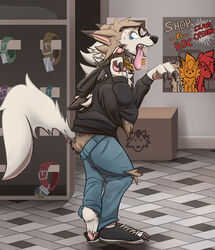  ambiguous_gender black_clothing black_hoodie black_topwear blue_bottomwear blue_clothing blue_eyes blue_pants bottomwear brown_body brown_fur canid canine chest_tuft claws clothing collar denim denim_bottomwear denim_clothing detailed_background dipstick_ears ear_markings english_text eyewear fangs finger_claws floor footwear fur fur_growth generation_7_pokemon glasses growth hi_res hoodie human human_to_anthro inside jeans lycanroc mammal mid_transformation midday_lycanroc multicolored_ears nintendo open_mouth pants pawpads pink_pawpads pokemon pokemon_(species) poster shaded sharp_teeth shirt shoes solo species_transformation tail tail_growth tan_body tan_fur teeth text tile tile_floor toe_claws tongue tongue_out topwear torn_bottomwear torn_clothing torn_hoodie torn_pants torn_shoes toshabi transformation tuft 