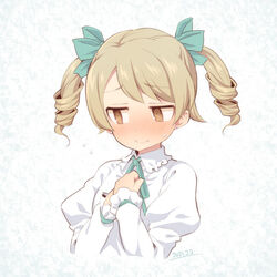  @_@ alternate_hairstyle bad_id bad_pixiv_id blush bow brown_eyes brown_hair closed_mouth collared_shirt cropped_torso dated female flying_sweatdrops frilled_shirt_collar frills green_bow hairbow hands_up idolmaster idolmaster_cinderella_girls juliet_sleeves long_sleeves morikubo_nono nose_blush puffy_sleeves ringlets shirt solo sweat twintails uccow upper_body white_shirt 