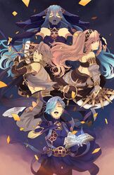  2boys 2girls azura_(fire_emblem) azura_(performing_arts)_(fire_emblem) bare_shoulders blue_eyes blue_hair blush book braid breasts closed_eyes commentary_request fire_emblem fire_emblem_awakening fire_emblem_fates fire_emblem_heroes gloves hair_between_eyes hair_over_one_eye hairband highres inigo_(fire_emblem) inigo_(performing_arts)_(fire_emblem) jewelry long_hair medium_breasts midriff mother_and_son multiple_boys multiple_girls olivia_(fire_emblem) olivia_(performing_arts)_(fire_emblem) open_mouth pink_eyes pink_hair ponytail shigure_(fire_emblem) shigure_(performing_arts)_(fire_emblem) short_hair shy_(ribboneels) smile twin_braids yellow_eyes 