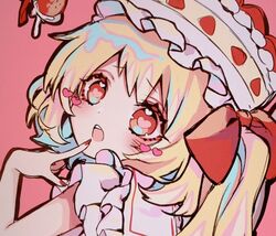  blonde_hair blush cake crystal female flandre_scarlet food frilled_shirt_collar frills fruit furrowed_brow hair_ribbon hat heart heart-shaped_pupils kyouda_suzuka looking_at_viewer mob_cap nail_polish red_eyes red_nails red_ribbon ribbon side_ponytail strawberry strawberry_cake symbol-shaped_pupils teeth touhou tress_ribbon upper_body upper_teeth_only white_headwear wings 