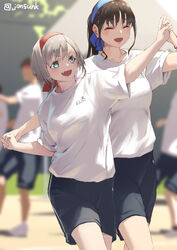  2girls :d ^_^ aqua_eyes aya_(jonsun) black_shorts blue_hairband blurry blurry_background blush closed_eyes commentary_request grey_hair hairband holding_hands jonsun multiple_girls oerba_yun_fang open_mouth original outdoors red_hairband riku_(jonsun) shirt short_hair short_sleeves shorts skin_fang smile t-shirt thighs twitter_username white_shirt 