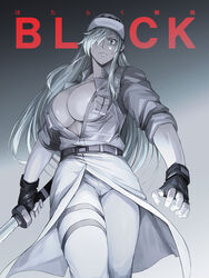  belt breast_pocket breasts center_opening colored_skin employee_uniform female fingerless_gloves flat_cap glaring gloves hair_over_one_eye hat hataraku_saibou hataraku_saibou_black highres holding holding_sword holding_weapon ishida_baru large_breasts looking_at_viewer pants pocket solo sword u-1196 uniform weapon white_blood_cell_(hataraku_saibou) white_hair white_skin 