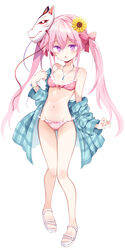  alternate_costume aqua_jacket bare_shoulders blush bow bow_panties bracelet breasts collarbone commentary_request diagonal-striped_bow diagonal_stripes female flower full_body groin hair_flower hair_ornament hairbow hata_no_kokoro highres jacket jewelry knees knees_together_feet_apart long_hair long_sleeves mask mask_on_head maturiuta_sorato navel necklace off_shoulder panties pigeon-toed pink_bow pink_hair pink_pupils plaid plaid_jacket purple_eyes sandals simple_background small_breasts solo standing stomach striped_bow striped_clothes striped_panties sunflower swimsuit tachi-e thighs touhou two_side_up underwear white_background white_footwear yellow_flower 