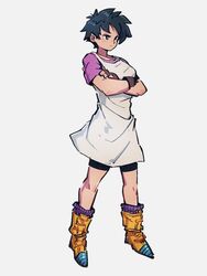  bike_shorts black_eyes black_hair boots closed_mouth commentary_request crossed_arms dragon_ball dragon_ball_z female full_body gloves grey_background kemachiku looking_away purple_shirt shirt short_hair short_sleeves simple_background solo standing videl white_shirt yellow_footwear 