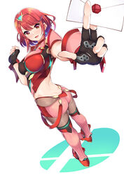  absurdres ass backless_outfit black_gloves black_pantyhose bob_cut breasts chest_jewel daive drop_earrings earrings female fingerless_gloves front-seamed_legwear full_body gloves highres impossible_clothes jewelry large_breasts pantyhose pantyhose_under_shorts pink_thighhighs pyra_(xenoblade) red_hair red_shorts seamed_legwear short_hair short_shorts short_sleeves shorts skindentation smash_invitation solo standing super_smash_bros. super_smash_bros._logo swept_bangs thighhighs thighhighs_over_pantyhose tiara xenoblade_chronicles_(series) xenoblade_chronicles_2 