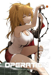  animal_ears arknights bare_arms bare_shoulders black_choker black_nails blonde_hair breasts candy choker cleavage commentary female food hair_between_eyes hands_up highres holding holding_food large_breasts lion_ears lion_girl lion_tail lollipop long_hair looking_at_viewer nail_polish red_shorts ri_qing short_shorts shorts siege_(arknights) simple_background sitting solo tail tank_top thighs white_background white_tank_top yellow_eyes 