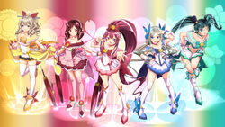  5girls adapted_costume alternate_color alternate_costume alternate_hairstyle anchor asakaze_(kancolle) bare_shoulders blonde_hair blue_background blue_bow blue_choker blue_eyes blue_skirt blush boots bow breasts brown_hair choker cleavage commentary_request cosplay crop_top cure_blossom cure_blossom_(cosplay) cure_marine cure_marine_(cosplay) cure_sunshine cure_sunshine_(cosplay) dated dress drill_hair floral_background flower_brooch forehead full_body gift gradient_background green_background green_skirt hair_between_eyes hair_ornament hair_ribbon hairbow harukaze_(kancolle) hat hatakaze_(kancolle) heartcatch_precure! high_heel_boots high_heels high_ponytail highres kamikaze_(kancolle) kantai_collection kneehighs light_brown_hair long_hair magical_girl matsukaze_(kancolle) mini_hat moke_ro multiple_girls oil-paper_umbrella open_mouth outstretched_arm pink_background pink_choker pink_dress ponytail precure purple_bow purple_eyes purple_footwear purple_hair red_bow red_dress red_eyes red_ribbon ribbon shiny_tambourine_(heartcatch_precure!) short_sleeves skirt smile socks thigh_boots thighhighs tilted_headwear twin_drills twintails twitter_username two-tone_dress umbrella unofficial_precure_costume very_long_hair white_dress white_legwear yellow_background 