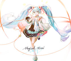  bai_qi-qsr blue_hair bow bowtie commentary dress female flower flower_underskirt full_body green_eyes hair_flower hair_ornament hair_ribbon hand_up hatsune_miku highres layered_dress looking_at_viewer magical_mirai_(vocaloid) magical_mirai_miku magical_mirai_miku_(2021) off-shoulder_dress off_shoulder ribbon smile socks solo standing standing_on_one_leg translucent_hair twintails v vocaloid white_background 