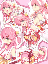  blush breasts detached_sleeves female green_eyes hair_ornament hairpin highres hololive japanese_clothes kimono large_breasts long_hair looking_at_viewer misago_(525) open_mouth pink_hair pink_kimono red_skirt sakura_miko sakura_miko_(1st_costume) side_ponytail sideboob sideless_kimono skirt smile solo v virtual_youtuber white_sleeves x_hair_ornament 