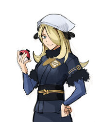  absurdres blonde_hair breasts closed_mouth commentary cynthia_(pokemon) english_commentary female hair_ornament hair_over_one_eye hand_on_own_hip hat head_scarf highres holding holding_poke_ball long_hair looking_at_viewer medium_breasts obi poke_ball poke_ball_(legends) pokemon pokemon_dppt pokemon_legends:_arceus saiykik sash simple_background smile solo white_background white_hat 