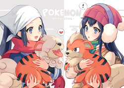  ! 2girls akari_(pokemon) beanie black_hair chen_(1717) claws copyright_name dawn_(pokemon) earmuffs fangs galaxy_expedition_team_survey_corps_uniform growlithe hair_over_eyes hat head_scarf heart hisuian_growlithe holding holding_pokemon jacket multiple_girls pokemon pokemon_(creature) pokemon_bdsp pokemon_legends:_arceus red_scarf scarf spoken_exclamation_mark spoken_heart time_paradox upper_body 