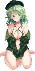  bare_shoulders barefoot bikini bikini_top_only blue_headwear bottomless breasts camouflage camouflage_bikini camouflage_headwear camouflage_jacket cleavage closed_mouth commentary ebi_193 female green_eyes green_hair green_jacket jacket key large_breasts long_sleeves looking_at_viewer medium_hair navel simple_background sitting smile solo swimsuit touhou v_arms wariza white_background yamashiro_takane 