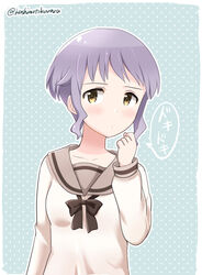  breasts commentary_request female hashimoto_kurara idolmaster idolmaster_million_live! idolmaster_million_live!_theater_days long_sleeves makabe_mizuki polka_dot polka_dot_background purple_hair school_uniform serafuku short_hair sidelocks small_breasts solo translated twitter_username upper_body yellow_eyes 