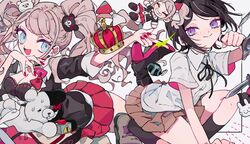  2girls :d bear_hair_ornament black_bra black_choker black_hair black_shirt blonde_hair blue_eyes bra breasts brown_skirt buttons character_doll choker cleavage commentary crown danganronpa:_trigger_happy_havoc danganronpa_(series) enoshima_junko freckles hair_ornament high_heels highres ikusaba_mukuro kneehighs large_breasts monokuma multiple_girls nail_polish open_mouth osshouri55 pink_skirt pleated_skirt rabbit_hair_ornament red_nails shirt short_hair siblings sisters skirt smile socks twintails underwear unworn_hair_ornament 