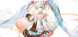  bai_qi-qsr blue_hair bow bowtie commentary dress female flower flower_underskirt green_eyes hair_flower hair_ornament hair_ribbon hand_up hatsune_miku highres layered_dress looking_at_viewer magical_mirai_(vocaloid) magical_mirai_miku magical_mirai_miku_(2021) off-shoulder_dress off_shoulder ribbon smile solo translucent_hair twintails upper_body v vocaloid white_background 