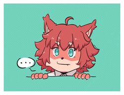  ahoge animal_humanoid anthro blue_eyes border clothing dynogreeno ellipsis fangs felid feline female fur hair humanoid mammal mammal_humanoid red_hair solo teeth white_border white_clothing 