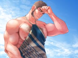  1boy ainu_clothes arm_hair bara black_hair chest_hair closed_mouth cloud day facial_hair golden_kamuy large_pectorals long_sideburns looking_at_viewer male_focus muscular muscular_male nipples nopinzo outdoors pectorals scar scar_on_cheek scar_on_face short_hair sideburns sky solo tanigaki_genjirou 